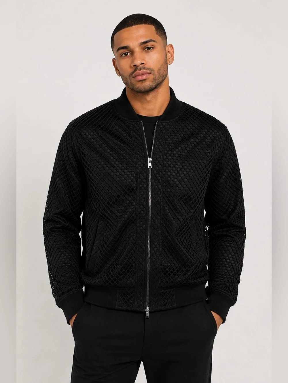 Publish Millo Men’s Small Black Mesh Layered Satin Twill Bomber Jacket